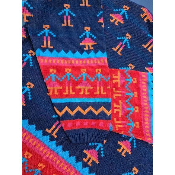 VTG Y2K Pixelated People Stick Figure Sweater 90s Blue Red Ugly XL Unisex - Picture 3 of 6